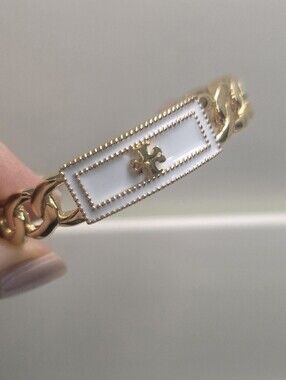 Tory Burch Gold Chain Bracelet with White Enamel Logo Plaque
